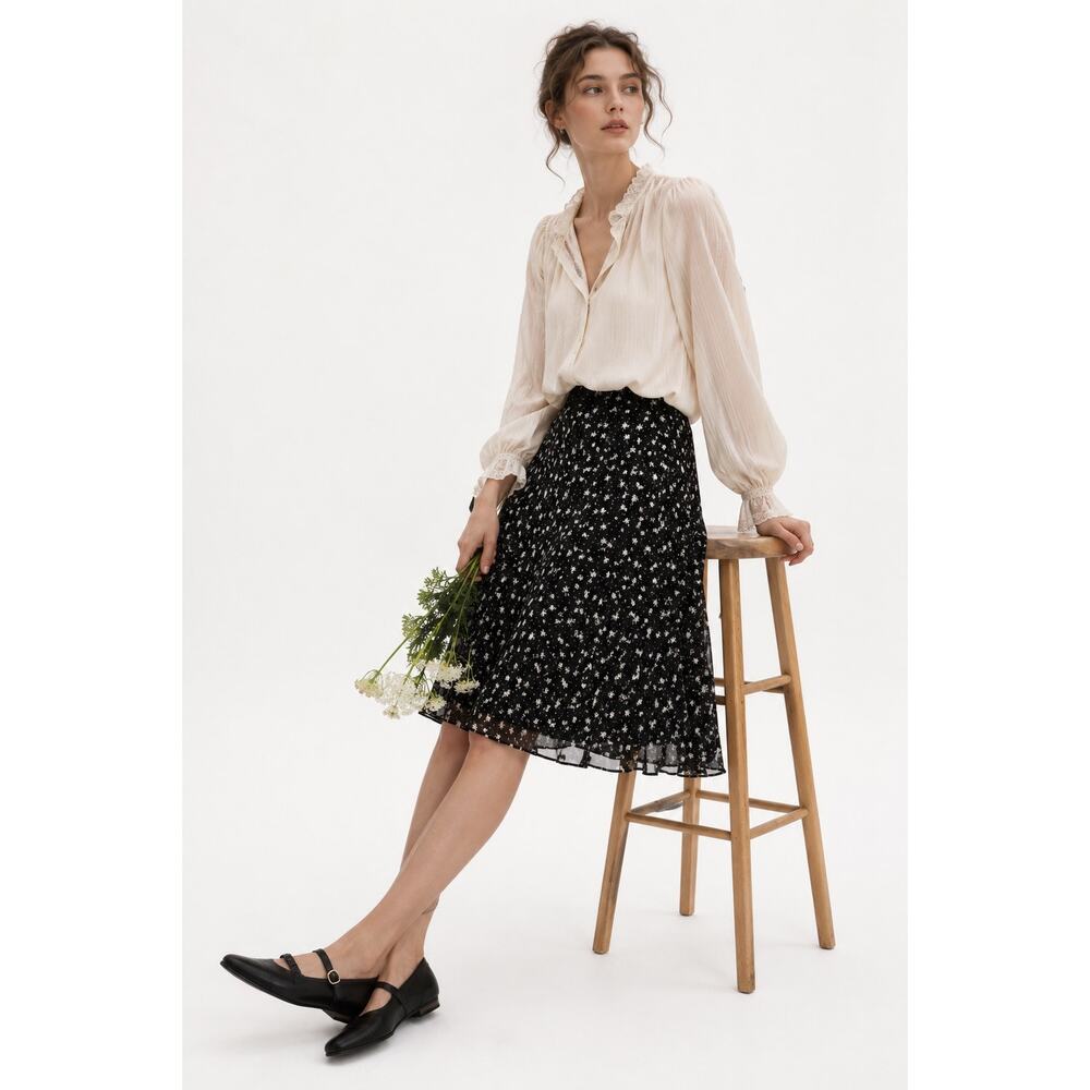 Freeport Studio Womens Knee Length Skirt Size M Black Floral Romantic Boho